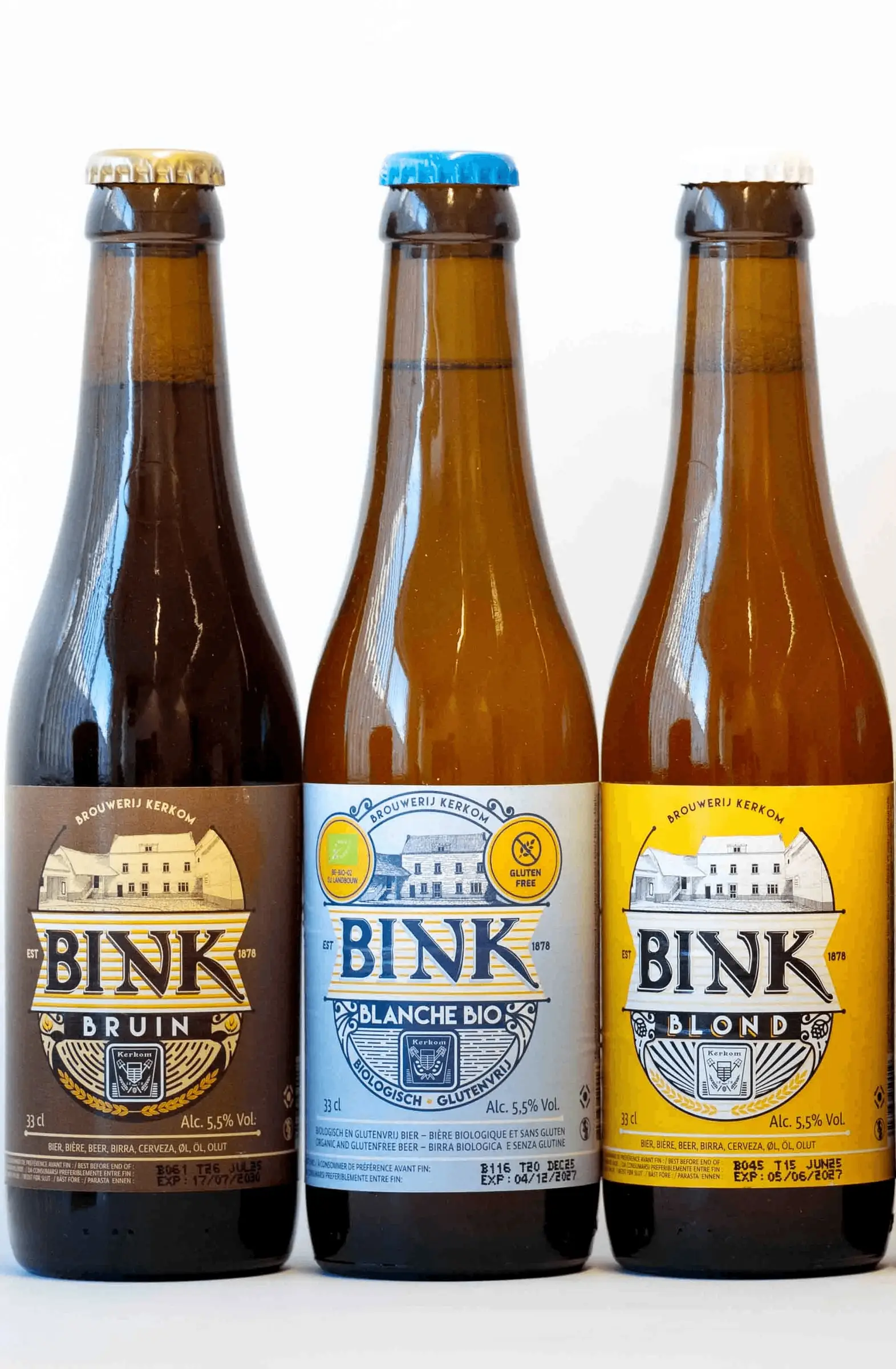 Drie flessen Bink: Bruin, Blanche Bio en Blond
