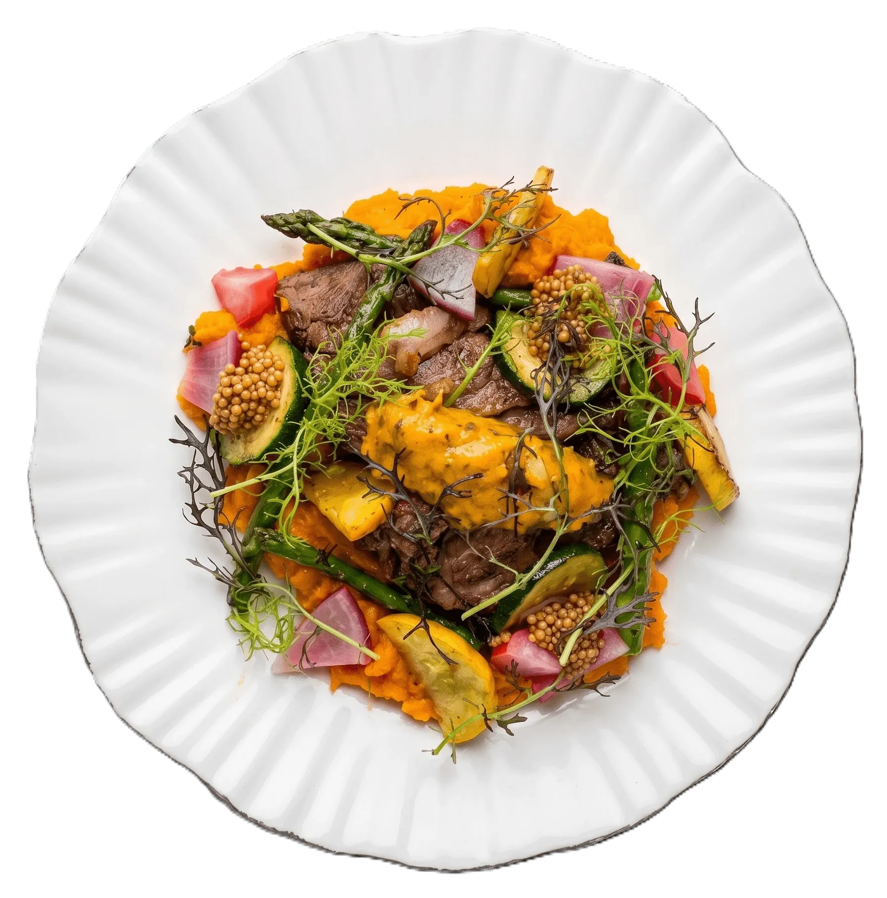 Bord met een kleurrijk seizoensgerecht van Bistro Kerkom